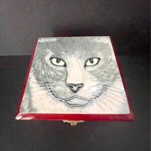 Gray Cat Face Wooden Box With Glossy Enameled Lid Red Toned Wood